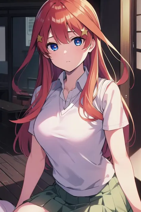 itsukinakano, <lyco:itsukinakano-LYCORIStest:1>, itsuki nakano, bangs, blue eyes, hair between eyes, ahoge, red hair, star \(symbol\), hair ornament, star hair ornament,
BREAK skirt, shirt, school uniform, collarbone, white shirt, short sleeves, pleated skirt, socks, collared shirt, miniskirt, kneehighs, white socks, green skirt, sweater vest, red sweater vest,
BREAK indoors, school, classroom,
BREAK looking at viewer, BREAK <lora:GoodHands-vanilla:1>, (masterpiece:1.2), best quality, high resolution, unity 8k wallpaper, (illustration:0.8), (beautiful detailed eyes:1.6), extremely detailed face, perfect lighting, extremely detailed CG, (perfect hands, perfect anatomy),