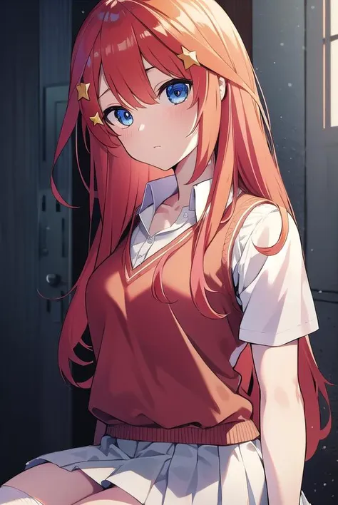 itsukinakano, <lyco:itsukinakano-LYCORIStest:1>, itsuki nakano, bangs, blue eyes, hair between eyes, ahoge, red hair, star \(symbol\), hair ornament, star hair ornament,
BREAK skirt, shirt, school uniform, collarbone, white shirt, short sleeves, pleated skirt, socks, collared shirt, miniskirt, kneehighs, white socks, green skirt, sweater vest, red sweater vest,
BREAK indoors, school, classroom,
BREAK looking at viewer, BREAK <lora:GoodHands-vanilla:1>, (masterpiece:1.2), best quality, high resolution, unity 8k wallpaper, (illustration:0.8), (beautiful detailed eyes:1.6), extremely detailed face, perfect lighting, extremely detailed CG, (perfect hands, perfect anatomy),