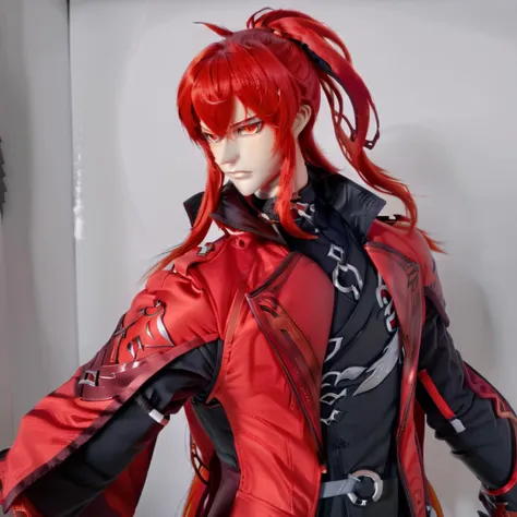 <lora:diluc2_xl:0.8>,diluc (genshin impact), 1boy, male focus, red hair, solo, red eyes, long hair, ponytail, hair between eyes, bangs, official alternate costume, closed mouth, shirt, jacket, black shirt, upper body, looking to the side, sidelocks, coat, red coat, looking at viewer, red jacket,<lora:twdoll:0.85>,full body,doll