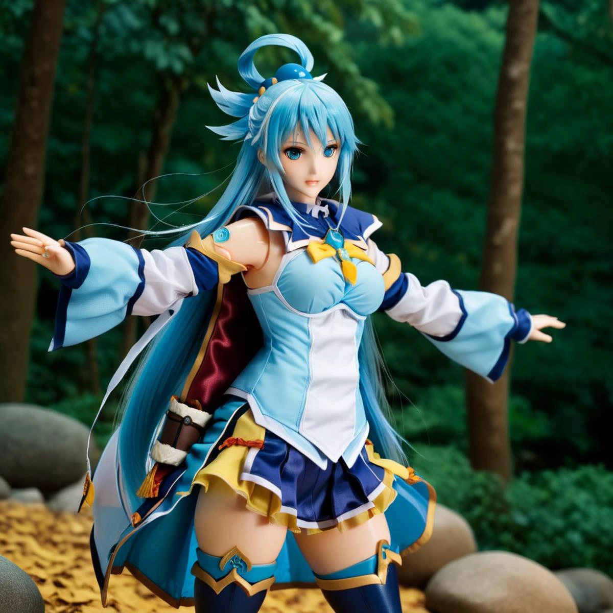 cinematic photo Cinematic scene, hero view, Aqua, Konosuba <lora:aqua_xl_v1:1>, action pose, detailed background, masterpiece, best quality, high quality, highres, absurdres . 35mm photograph, film, bokeh, professional, 4k, highly detailed,<lora:twdoll:0.85>,full body,doll