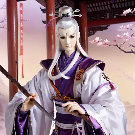 Create a realistic image of a young, handsome Daoist priest. He is dressed in a white and purple Daoist robe, his white hair tied in a topknot. He holds a whisk in his sword. The setting captures a serene and traditional ambiance, reflective of Daoist aesthetics.<lora:twdoll:0.85>,doll