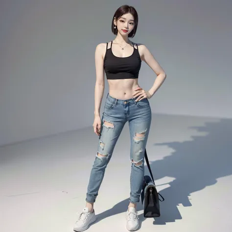 ultra high res, photo, 4k, absurdres, (incredible absurdity), ((masterpiece, best quality)), (wallpaper), (8k hd),perfect_anatomy,realistic ,look the viewer, <lora:YunaKim-08:1.2>,ulzzang-6500-v1.1,pureerosface_v1, ((full body picture)), ((smile)), photo background, denim, pants, blonde hair, torn pants, 1girl, torn jeans, jeans, torn clothes, outdoors, white footwear, shoes, realistic, short hair, shirt, sleeveless, android 18, full body, solo focus, jewelry, tank top, sneakers, black shirt, midriff, breasts, blurry background, standing, day, bag, earrings, sleeveless shirt, blurry, belt