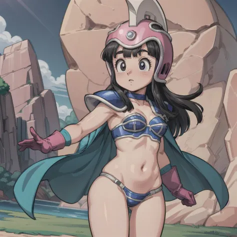 (AS-YoungerV2:1.0), scan, (extremely detailed CG unity 8k wallpaper:1.1), (traditional media:0.9), (sketch:0.9), tracing, ultra-detailed, soft lighting, anime, 1girl, <lora:Chi-Chi3:1>, Chi-Chi, black hair, black eyes, bikini armor, aqua cape, pink helmet, pink gloves, pink boots, (blue collar), smile, strong, blush, sassy pose, full body, forrest