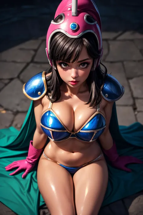 (ultra realistic,32k,RAW photo:1.1),(high detailed skin:1.1), 8k uhd, dslr, high quality, film grain, (makeup, mascara:1.1), lips,(thick\lips\),
(shiny glossy translucent clothing:1.1), <lora:chi-chi_v1:0.7>dragon ball, aachichi, long hair, helmet, pink headwear, black eyes, shoulder armor, bikini armor, green cape, pink gloves, navel, groin, <lora:add_detail:1>, huge breast,
(looking at viewer, sitting, from above:1.1),,
(busty:1.1) , (chubby:0.1),(golden hour:1.1),<lora:LowRA:0.4>, dark theme, candy shop, sweets, lollipop
