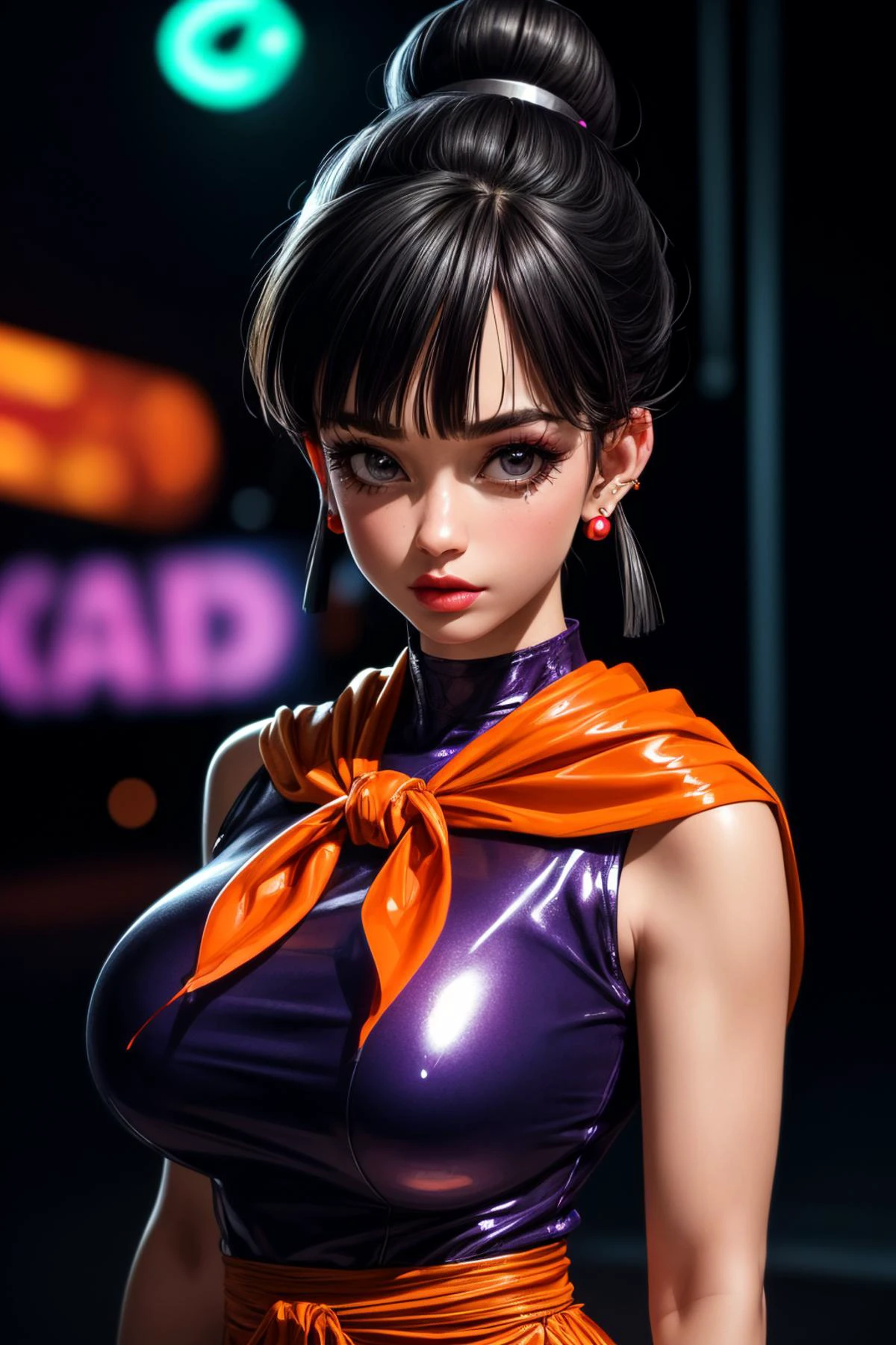 (ultra realistic,32k,RAW photo:1.1),(high detailed skin:1.1), 8k uhd, dslr, high quality, film grain, (makeup, mascara:1.1), lips,(thick\lips\),
(shiny glossy translucent clothing:1.1), <lora:chi-chi_v1:0.7>dragon ball, bbchichi, single hair bun, hair bun, blunt bangs, sidelocks, black eyes, earrings, orange neckerchief, orange scarf, purple dress, sleeveless, bracelet, <lora:add_detail:0.95>, huge breast,
(looking at viewer, portrait:1.1),,
(busty:1.1) , (chubby:0.1),(soft shaded neon light:1.1),<lora:LowRA:0.4>, dark theme, A very clean and well organized contemporary place