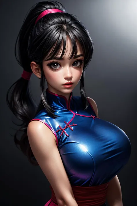 (ultra realistic,32k,RAW photo:1.1),(high detailed skin:1.1), 8k uhd, dslr, high quality, film grain, (makeup, mascara:1.1), lips,(thick\lips\), 
(shiny glossy translucent clothing:1.1), <lora:chi-chi_v1:0.7>dragon ball, bbchichi, (low ponytail:1.1), black eyes, chinese clothes, blue dress, sleeveless, wristband, sash, <lora:add_detail:0.97>, huge breast, 
(looking at viewer, portrait:1.1),, 
 (busty:1.1) ,  (chubby:0.1),(refraction:1.1),<lora:LowRA:0.4>, dark theme, blank background