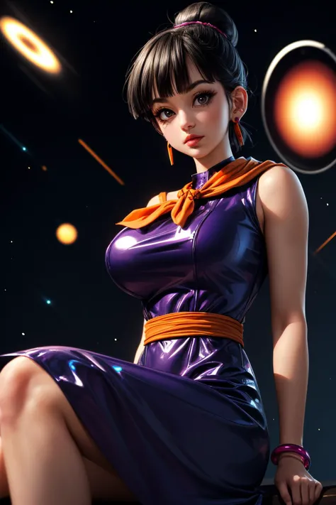 (ultra realistic,32k,RAW photo:1.1),(high detailed skin:1.1), 8k uhd, dslr, high quality, film grain, (makeup, mascara:1.1), lips,(thick\lips\),
(shiny glossy translucent clothing:1.1), <lora:chi-chi_v1:0.7>dragon ball, bbchichi, single hair bun, hair bun, blunt bangs, sidelocks, black eyes, earrings, orange neckerchief, orange scarf, purple dress, sleeveless, bracelet, <lora:add_detail:0.89>, huge breast,
(looking at viewer, sitting from below:1.1),,
(busty:1.1) , (chubby:0.1),(glowwave:1.1),<lora:LowRA:0.4>, dark theme, astral energy harvesting station, cosmic energy extraction, interdimensional power source