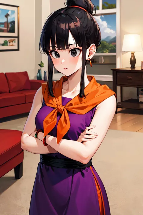 masterpiece, best quality, highres, dragon ball, bbchichi, single hair bun, hair bun, blunt bangs, sidelocks, black eyes, earrings, orange neckerchief, orange scarf, purple dress, sleeveless, bracelet, <lora:chi-chi_v1:0.6>, indoors, living room, crossed arms,