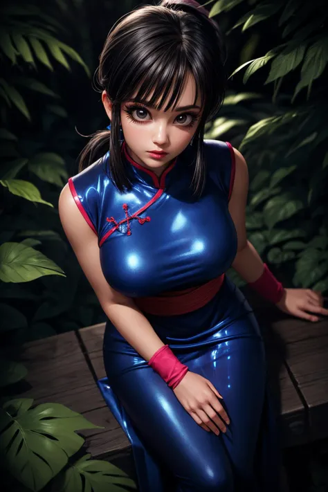 (ultra realistic,32k,RAW photo:1.1),(high detailed skin:1.1), 8k uhd, dslr, high quality, film grain, (makeup, mascara:1.1), lips,(thick\lips\), 
(shiny glossy translucent clothing:1.1), <lora:chi-chi_v1:0.7>dragon ball, bbchichi, (low ponytail:1.1), black eyes, chinese clothes, blue dress, sleeveless, wristband, sash, <lora:add_detail:1>, huge breast, 
(looking at viewer, standing from above:1.1),, 
 (busty:1.1) ,  (chubby:0.1),(dense light rays:1.1),<lora:LowRA:0.4>, dark theme, enigma's enclave, riddles and puzzles, enigmatic guardians, secret knowledge