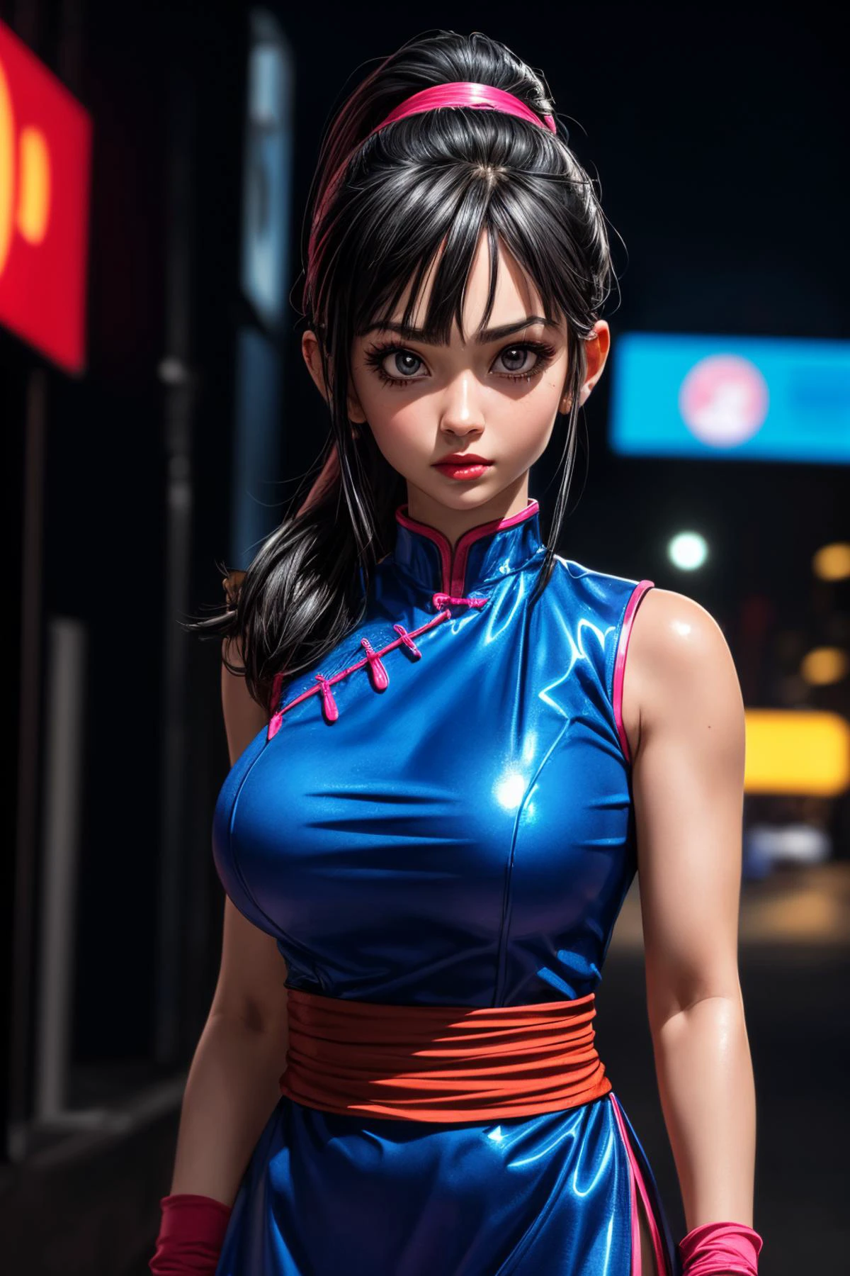 (ultra realistic,32k,RAW photo:1.1),(high detailed skin:1.1), 8k uhd, dslr, high quality, film grain, (makeup, mascara:1.1), lips,(thick\lips\),
(shiny glossy translucent clothing:1.1), <lora:chi-chi_v1:0.7>dragon ball, bbchichi, (low ponytail:1.1), black eyes, chinese clothes, blue dress, sleeveless, wristband, sash, <lora:add_detail:0.91>, huge breast,
(looking at viewer, portrait:1.1),,
(busty:1.1) , (chubby:0.1),(neon pastel light:1.1),<lora:LowRA:0.4>, dark theme, cyborg fight arena, gladiator battles, bionic combatants, high-stakes cybernetic competitions