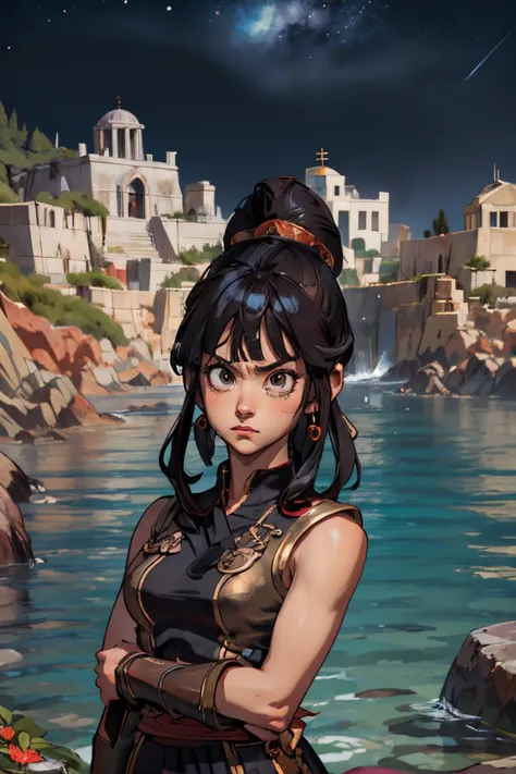 <lora:chi-chi_v1:0.7>, dragon ball, bbchichi, single hair bun, hair bun, blunt bangs, sidelocks, black eyes, earrings, Style-GravityMagic, looking up, solo, half shot, detailed face, (<lora:bronzepunkai:0.5>, bronzepunkai, bronze theme:1.1) aristocrat, determined expression, red ancient white tunic, bronze accessories, greek mythology, height of greek civilization, Troy, macedonian, classical era, (flourishing civilization:1.1), ancient temple, mediterranean landscape, coast in background, night, darkness, stars, aura of light, epic atmosphere, , rock, poolside, prison, bathroom, military, sunny, rock, badland