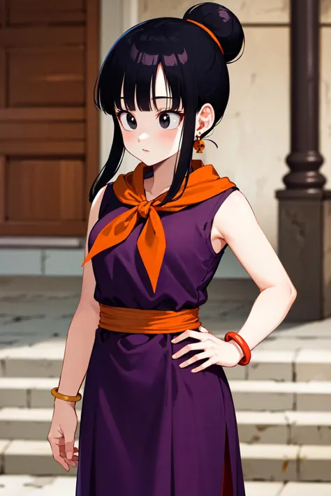 masterpiece, best quality, highres, dragon ball, bbchichi, single hair bun, hair bun, blunt bangs, sidelocks, black eyes, earrings, orange neckerchief, orange scarf, purple dress, sleeveless, bracelet, <lora:chi-chi_v1:0.6>, standing, cowboy shot, outdoors