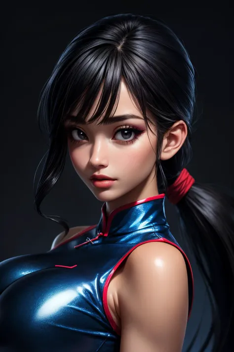 (ultra realistic,32k,RAW photo:1.1),(high detailed skin:1.1), 8k uhd, dslr, high quality, film grain, (makeup, mascara:1.1), lips,(thick\lips\),
(shiny glossy translucent clothing:1.1), <lora:chi-chi_v1:0.7>dragon ball, bbchichi, (low ponytail:1.1), black eyes, chinese clothes, blue dress, sleeveless, wristband, sash, <lora:add_detail:0.75>, huge breast,
(looking at viewer, portrait:1.1),,
(busty:1.1) , (chubby:0.1),(radiant:1.1),<lora:LowRA:0.4>, dark theme, blank background
