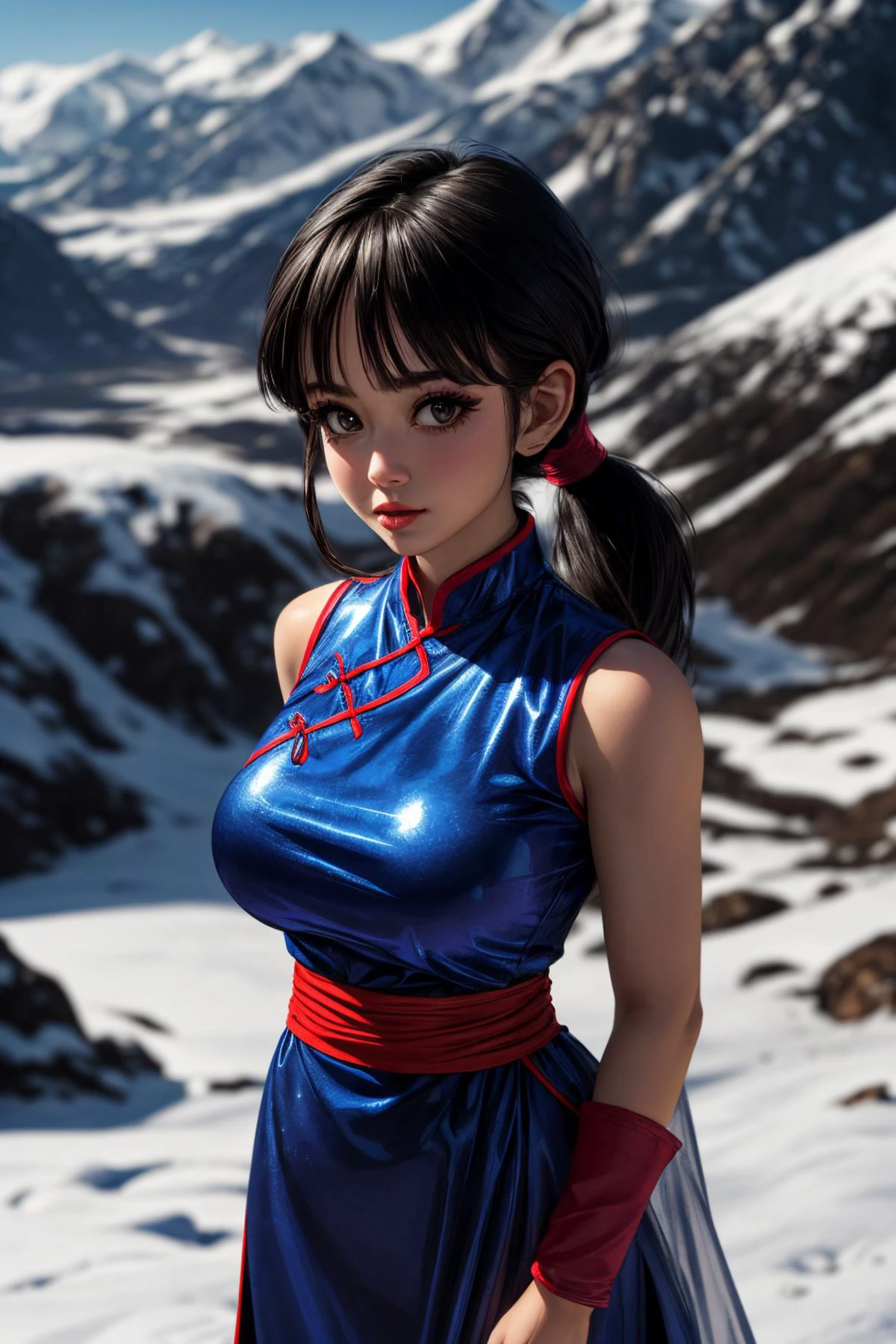 (ultra realistic,32k,RAW photo:1.1),(high detailed skin:1.1), 8k uhd, dslr, high quality, film grain, (makeup, mascara:1.1), lips,(thick\lips\),
(shiny glossy translucent clothing:1.1), <lora:chi-chi_v1:0.7>dragon ball, bbchichi, (low ponytail:1.1), black eyes, chinese clothes, blue dress, sleeveless, wristband, sash, <lora:add_detail:0.94>, huge breast,
(looking at viewer, standing from above:1.1),,
(busty:1.1) , (chubby:0.1),(lighting:1.1),<lora:LowRA:0.4>, dark theme, snowy peak, white-capped summit, wintry landscape