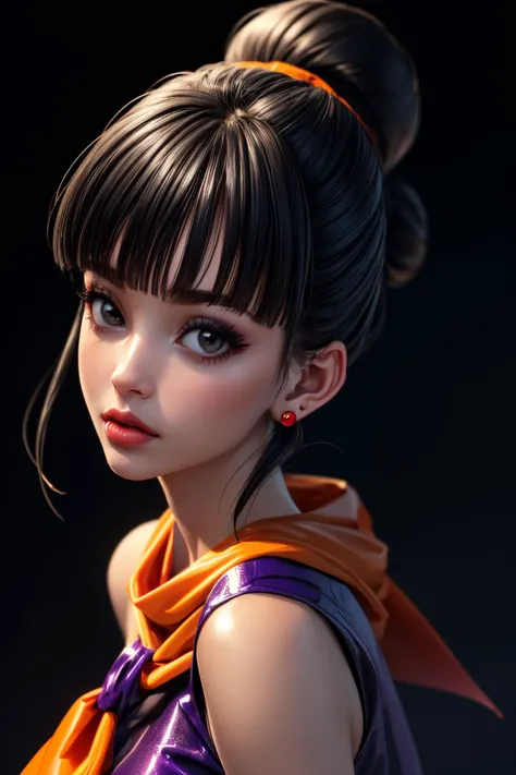 (ultra realistic,32k,RAW photo:1.1),(high detailed skin:1.1), 8k uhd, dslr, high quality, film grain, (makeup, mascara:1.1), lips,(thick\lips\),
(shiny glossy translucent clothing:1.1), <lora:chi-chi_v1:0.7>dragon ball, bbchichi, single hair bun, hair bun, blunt bangs, sidelocks, black eyes, earrings, orange neckerchief, orange scarf, purple dress, sleeveless, bracelet, <lora:add_detail:0.86>, huge breast,
(looking at viewer, portrait:1.1),,
(busty:1.1) , (chubby:0.1),(refraction:1.1),<lora:LowRA:0.4>, dark theme, blank background