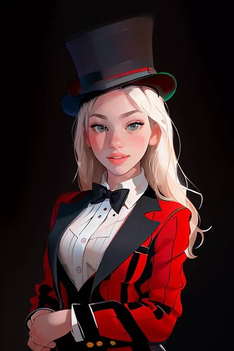 Merger_monique_delust,
performing in a (circus:1.2) wearing a red and black (blazer:1.1) and white (shirt:1.1) and cream (trousers:1.1) and black bow tie and (top hat:1.1), ring leader, circus,
bokeh, f1.4, 40mm, photorealistic, raw, 8k, textured skin, skin pores, intricate details <lora:epi_noiseoffset2:1>, epiCRealism <lora:ClothingAdjuster3:-1>