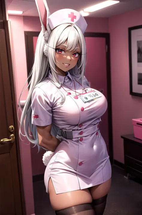 (masterpiece, best quality, detailed), 1girl, solo, looking at viewer, mirko, animal ears, rabbit ears, rabbit girl, (dark skin, dark-skinned female:1.3), long hair, large breasts, thighs, long eyelashes, muscular, muscular female, thick thighs, parted bangs, teeth, tail, rabbit tail,
nurse, nurse uniform, white thighhighs, nurse cap, id card, white dress, <lora:pnkr2:0.5>, pnkr, indoors, pink theme, purple theme, red theme, night, pink lighting, neon lights, cinematic lighting, arms behind back, smile, parted lips, seductive smile