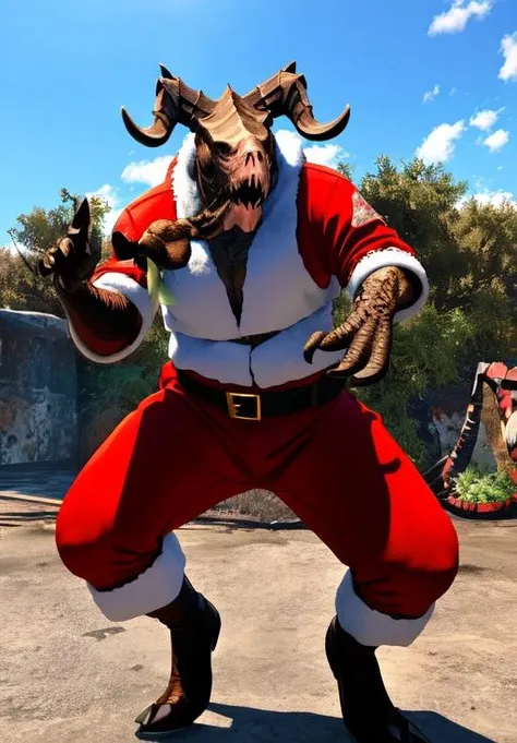 <lora:Deathclaw:0.8>, deathclaw, santa costume,, (masterpiece, best quality, absurdres, detailed, ultra-detailed:1.3)