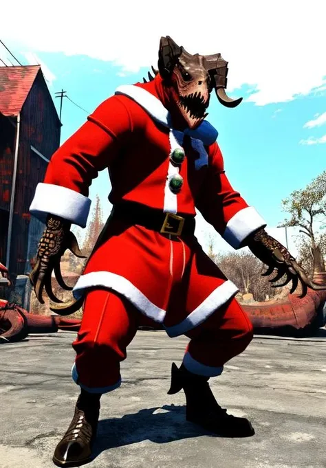 <lora:Deathclaw:0.8>, deathclaw, santa costume,, (masterpiece, best quality, absurdres, detailed, ultra-detailed:1.3)