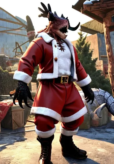 <lora:Deathclaw:0.8>, deathclaw, santa costume,, (masterpiece, best quality, absurdres, detailed, ultra-detailed:1.3)