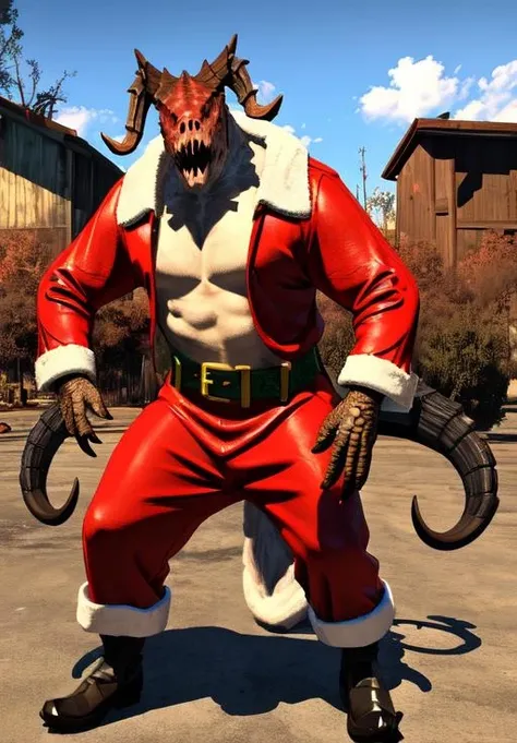 <lora:Deathclaw:0.8>, deathclaw, santa costume,, (masterpiece, best quality, absurdres, detailed, ultra-detailed:1.3)