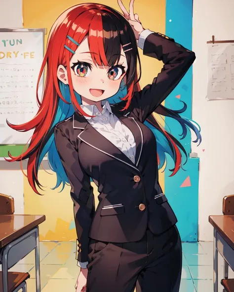 masterpiece, best quality, highly detailed,absurdres, anime
petite child,
, classroom,
,(indoors:1.2), simple background,
,,
,,
,
,
,cowboy shot, 1girl, arm behind head, :D, medium breasts, multicolored hair, sidelocks tied back, disheveled hair, multicolored eyes, beautiful detailed face, ultra detailed eyes, multicolored clothes, business attire, hairclip, accessories, glttering light, graffiti, multicolored background, colorful, floating paint particles
,, <lora:mika_pikazo_style_v01.07:1>