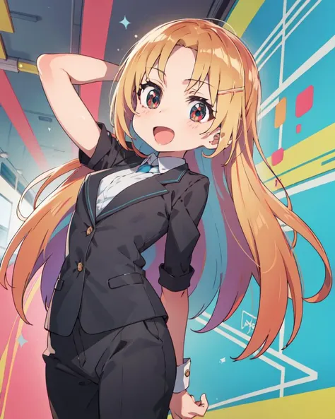 masterpiece, best quality, highly detailed,absurdres, anime
petite child,
, room,
,(indoors:1.2), simple background,
,,
,, <lora:mikazuki kiryuu ova-lora-nochekaiser:1>
,
,
,cowboy shot, 1girl, arm behind head, :D, medium breasts, multicolored hair, sidelocks tied back, disheveled hair, multicolored eyes, beautiful detailed face, ultra detailed eyes, multicolored clothes, business attire, hairclip, accessories, glttering light, graffiti, multicolored background, colorful, floating paint particles
,, <lora:mika_pikazo_style_v01.07:1>