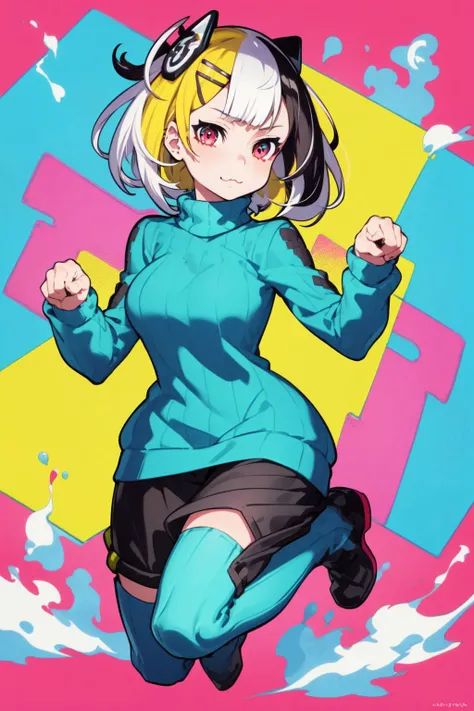 full body, solo, 1girl, paw pose, :3, medium breasts, multicolored hair, pixie cut, disheveled hair, multicolored eyes, beautiful detailed face, ultra detailed eyes, multicolored clothes, ribbed sweater, hairclip, hair ornament, accessories, night, graffiti, multicolored background, colorful, shapes, floating particles <lora:mika_pikazo_style_v01.07:1>