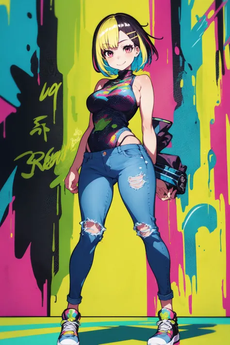 full body, solo, 1girl, arms at sides, seductive smile, medium breasts, multicolored hair, very short hair, disheveled hair, multicolored eyes, beautiful detailed face, ultra detailed eyes, multicolored clothes, jeans, hairclip, hair ornament, accessories, no light, graffiti, multicolored background, colorful, floating paint particles <lora:mika_pikazo_style_v01.07:1>