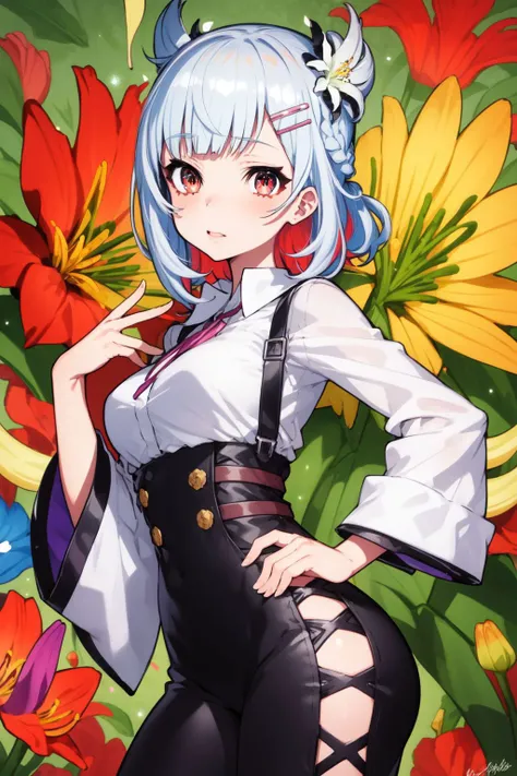 cowboy shot, solo, 1girl, tiptoes, whiskers, medium breasts, multicolored hair, half updo, disheveled hair, multicolored eyes, beautiful detailed face, ultra detailed eyes, multicolored clothes, collared shirt, hairclip, hair ornament, accessories, glitter particles, African_Lily \(flower\), multicolored background, colorful, abstract background <lora:mika_pikazo_style_v01.07:1>