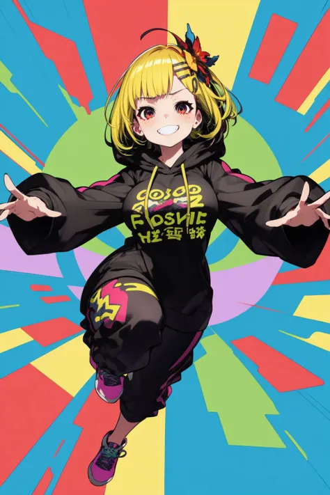 full body, solo, 1girl, leaning back, (squinting eyes:1.1) smile, medium breasts, multicolored hair, inverted bob, disheveled hair, multicolored eyes, beautiful detailed face, ultra detailed eyes, multicolored clothes, hoodie, hairclip, hair ornament, accessories, day, Wild_Plantain \(flower\), multicolored background, colorful, shapes, floating particles <lora:mika_pikazo_style_v01.07:1>