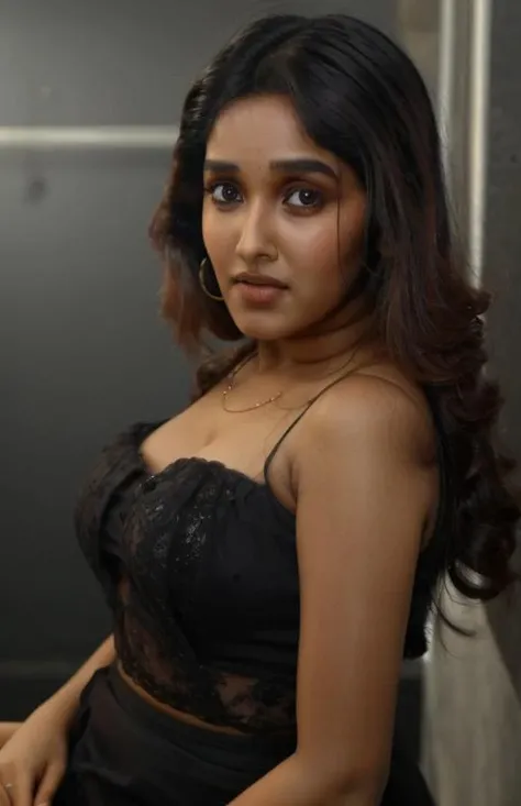portrait of anikhas,19 y.o, 1girl, black eyes, sharp focus, lehenga, full sized image, short hair, long shot, cleavage, sexy pose, taken from a distance, head to toe<lora:anikhas_v1-000002:1>