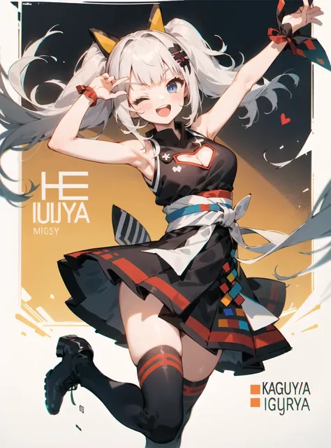 <lora:lunalora4:1> kaguyaluna, 1girl, kaguya luna, solo, virtual youtuber, breasts, one eye closed, open mouth, arms up, thighhighs, twintails, blue eyes, hair ornament, sash, cleavage, red obi, sleeveless, armpits, dress, smile, clothing cutout, red thighhighs, cleavage cutout, hairclip, looking at viewer, black dress, bangs, grey hair, blush, ;d, heart, ribbon, sleeveless dress, large breasts, wrist ribbon, spoken heart, black footwear, character name, medium breasts, teeth, bare shoulders, standing on one leg, standing, white hair, leg up, white ribbon, boots, long hair