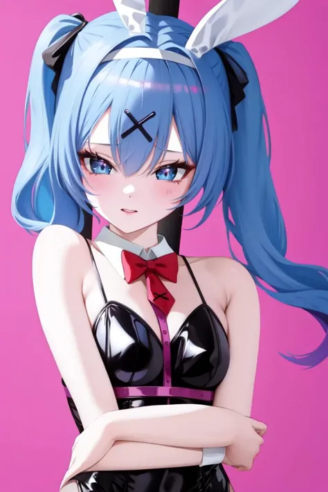 <lora:BunnyMiku:0.7> hatsune miku, hair ornament, blue hair, rabbit ears, playboy bunny, twintails, bangs, leotard, blue eyes, x hair ornament, detached collar, pink background, simple background,, (masterpiece, best quality, high quality, highres, ultra-detailed)