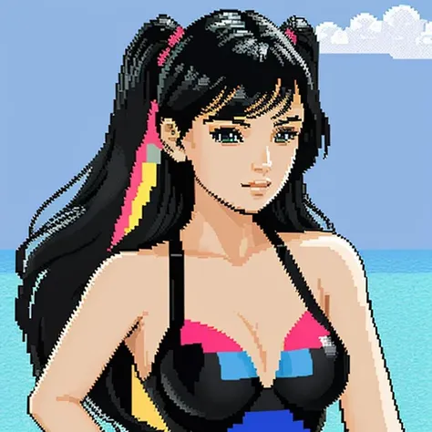 pixel-art xyzsanbikinidress, swimsuit, 1girl, black hairs, colorful, <lora:xyzsanbikinidress-07:.6> . low-res, blocky, pixel art style, 8-bit graphics