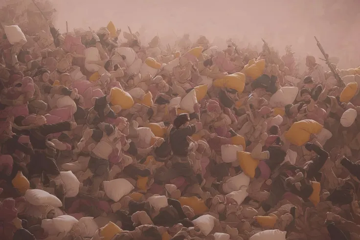 pillow fight, men armed with pillows, lots of pillows, pink, white and violet, epic battle, melee,
<lora:Napoleonic_Era_Battle_Painting:0.8>