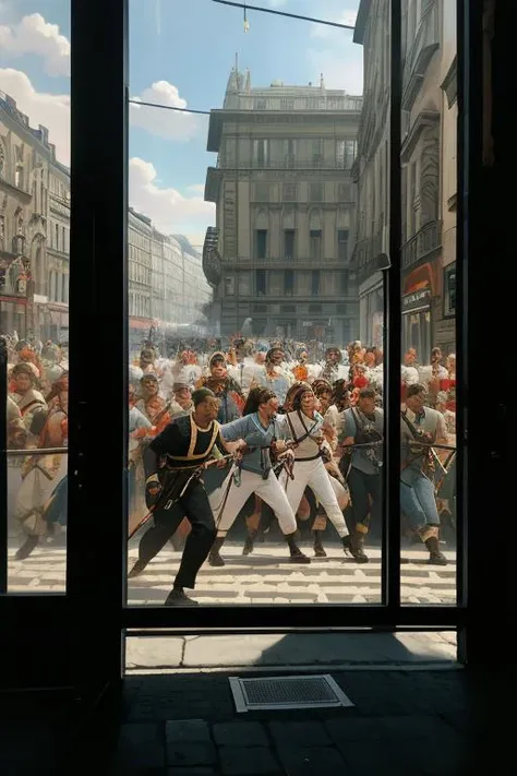 Adolf Hitler fighting Joseph Stalin, crowd