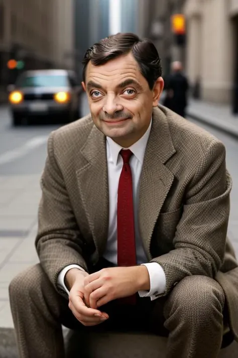 a man bean896, incrsanyashehfacememe <lora:AnyasHehFaceMeme:0.7> <lora:Bean896:0.5> squatting outside
