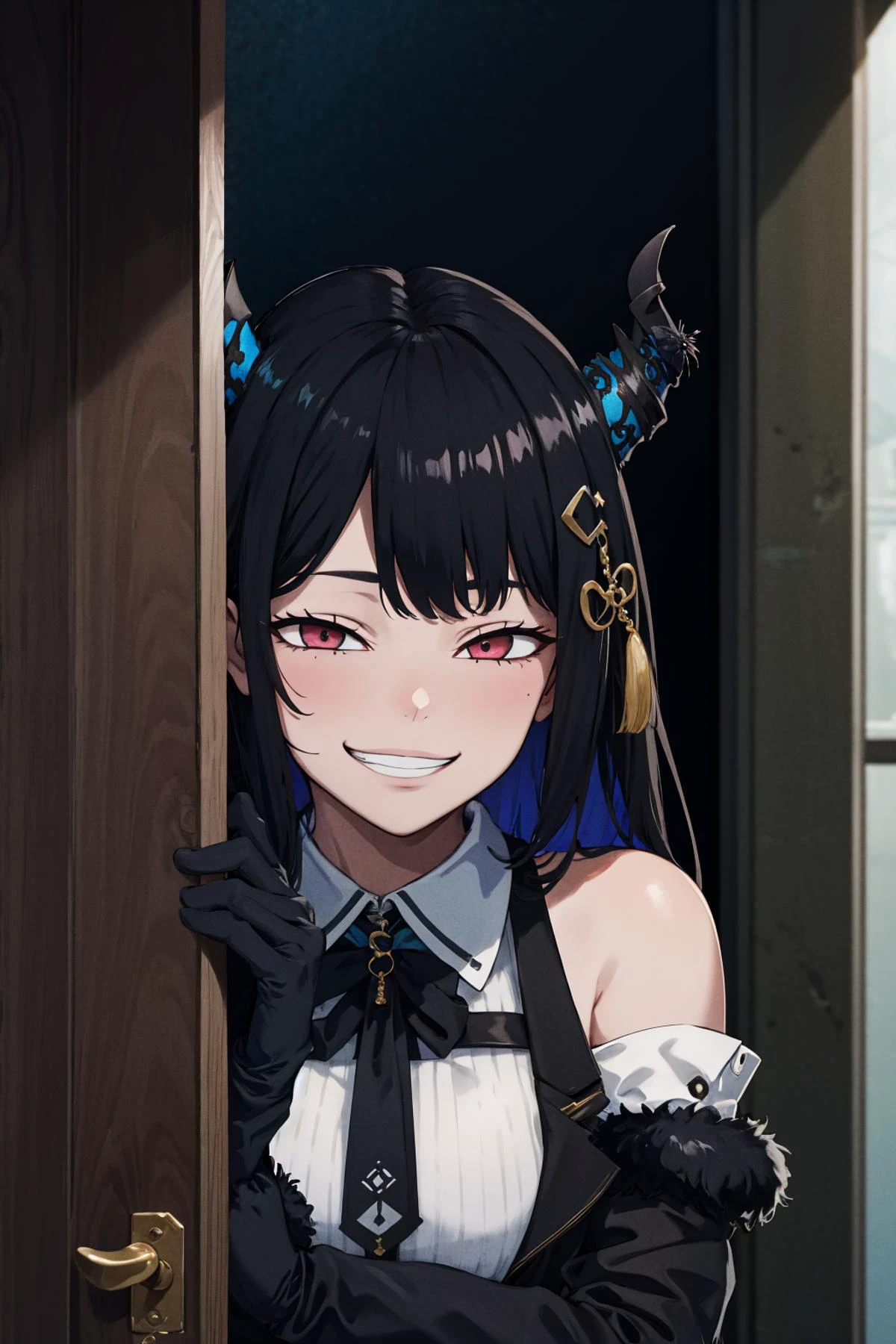 masterpiece, best quality, absurdres, 1girl, solo, life-size-body, <lora:AnyasHehFaceMeme:0.8> IncrsAnyasHehFaceMeme, grin, smug, <lora:peeking_out_upper_body_pruned:1.0> peeking out, upper body, door, opening door, doorway, <lora:NerissaRavencroft:0.8> NerissaRavencroft, horns, hair ornament, pink eyes, collared shirt, black skirt, garter straps, thighhighs, fur trim, detached sleeves, black gloves, <lora:LowRA:0.6>