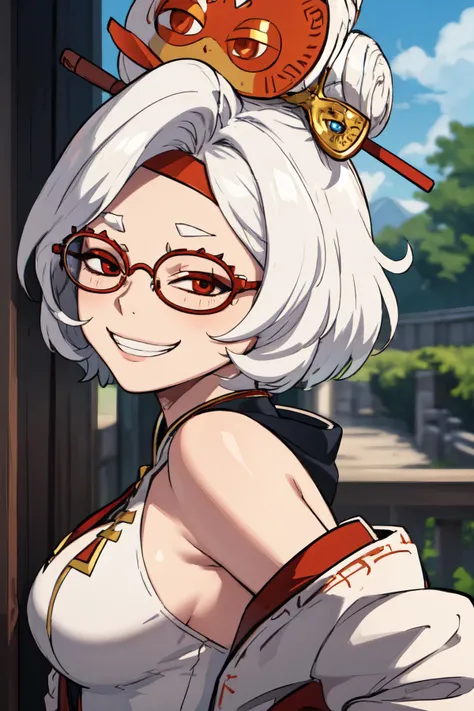 Highly detailed, High Quality, Masterpiece, beautiful, IncrsAnyasHehFaceMeme, grin, smug, <lora:AnyasHehFaceMeme:1>, purah, red glasses, hair ornament, hair stick, red headband, white shirt, bare shoulders, white jacket, <lora:Char_Zelda_Purah:0.9>, from side, looking at viewer,