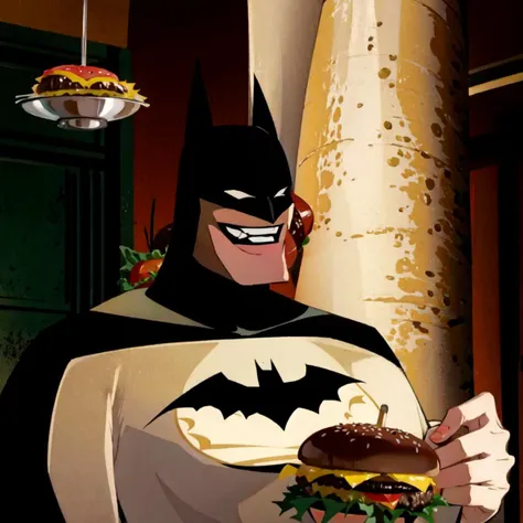 (masterpiece:1.3),
<lora:batman:0.7>, (Batman serving a giant hamburger:1.5), ((laughing:1.4)), cinematic lighting, film grain <lora:AnyasHehFaceMeme:0.8> IncrsAnyasHehFaceMeme, grin, smug