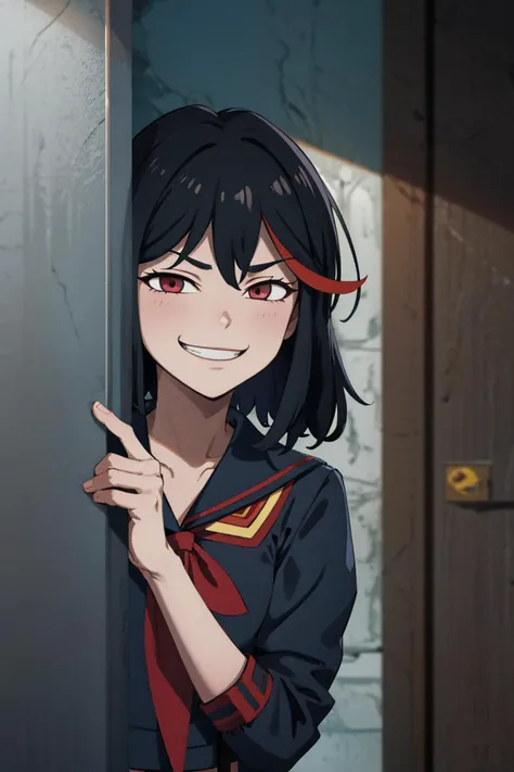 masterpiece, best quality, absurdres, 1girl, solo, life-size-body, <lora:AnyasHehFaceMeme:0.8> IncrsAnyasHehFaceMeme, grin, smug, <lora:peeking_out_upper_body_pruned:1.3> peeking out upper body, doorway, matoi ryuuko, school uniform, black serafuku, suspender skirt, <lora:MatoiRyuukoV3:0.8>, <lora:LowRA:0.6>