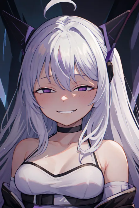 Highly detailed, High Quality, Masterpiece, beautiful, 1girl, Meine, purple eyes, headgear, <lora:Meina:0.85>, white hair, choker, IncrsAnyasHehFaceMeme, grin, smug, <lora:Pos_AnyasHehFaceMeme:1>