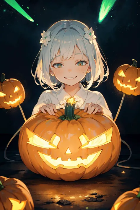natural lighting, soft lighting, sunlight, HDR (High Dynamic Range), Maximum Clarity And Sharpness, Multi-Layered Textures,
(luminous white lovely happy white little ghosts in the background, crystal pumpkin heads ,holding candies and desserts, flying around the girl: 1.5),
(1 girl, perfect detailed hands, perfect detailed fingers, breathtaking starry sky, imperceptible gentle smile,: 1.4),
perfect detail reflective surface, freedom,parcel-gilt, white flowers, (neon indigo glow,neon white glow:1.2), night, dark theme, starry sky,(bioluminescence,luminous plants:1.3), ethereal, truth,joy, <lora:AnyasHehFaceMeme:0.8> IncrsAnyasHehFaceMeme, grin, smug