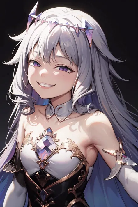 masterpiece, best quality, absurdres, perfect anatomy, KosekiBijou, hair ornament, white dress, strapless dress, crystal, detached sleeves, asymmetrical sleeves, upper body, portrait, IncrsAnyasHehFaceMeme, grin, smug, <lora:AnyasHehFaceMeme:1>, <lora:KosekiBijou:1>