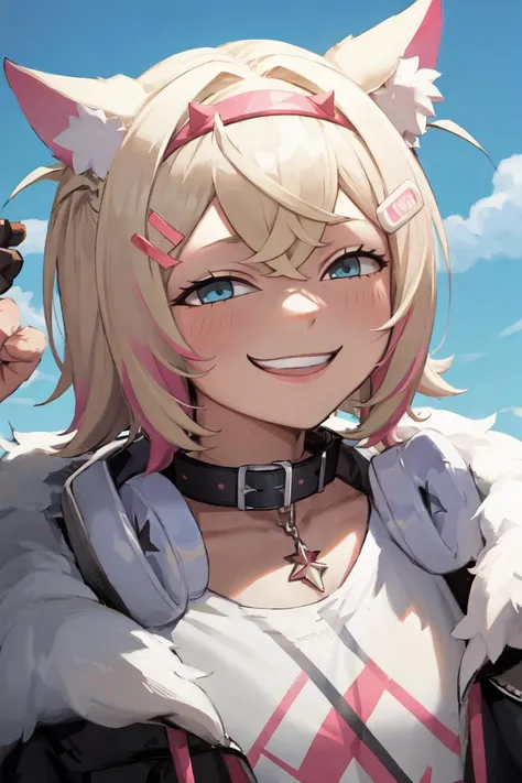 masterpiece, best quality, absurdres, perfect anatomy, MococoAbyssgard, dog ears, hairclip, hairband, collar, black jacket, fur-trim, hoodie, crop top, headphones around neck, upper body, portrait, IncrsAnyasHehFaceMeme, grin, smug, <lora:AnyasHehFaceMeme:1>, <lora:MococoAbyssgard:1>