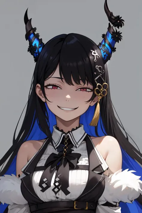 masterpiece, best quality, absurdres, perfect anatomy, NerissaRavencroft, horns, hair ornament, pink eyes, collared shirt, fur-trim, detached sleeves, upper body, portrait, IncrsAnyasHehFaceMeme, grin, smug, <lora:AnyasHehFaceMeme:1>, <lora:NerissaRavencroft:1>