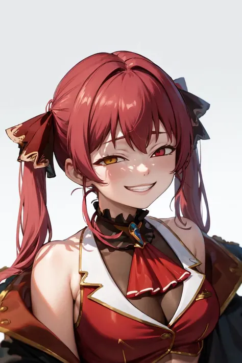 masterpiece, best quality, absurdres, perfect anatomy, houshouBase, heterochromia, red eyes, yellow eyes, twintails, long hair, hair ribbon, large breasts, frilled choker, red ascot, leotard, leotard under clothes, red jacket, cropped jacket, sleeveless jacket, black coat, off shoulder, upper body, portrait, IncrsAnyasHehFaceMeme, grin, smug, <lora:AnyasHehFaceMeme:1>, <lora:HoushouMarineV2LORA:1>