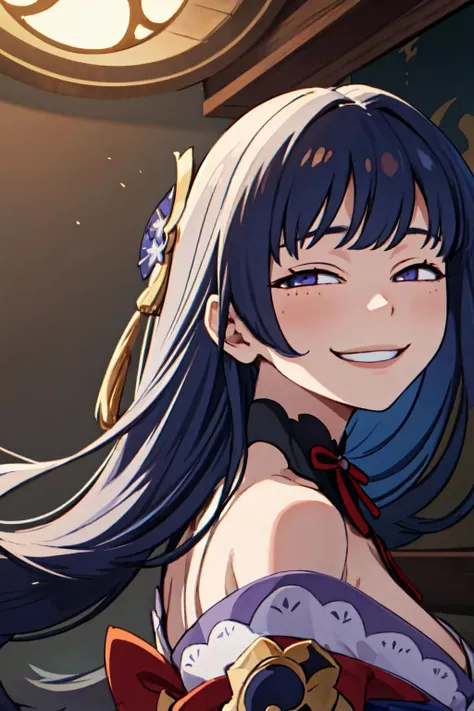 Highly detailed, High Quality, Masterpiece, beautiful, IncrsAnyasHehFaceMeme, grin, <lora:AnyasHehFaceMeme:1>, Raiden_Shogun_\(genshin impact\), Raiden_Shogun:1.2, blue hair, long hair, <lora:Char_GenshinImpact_RaidenShogun:0.8>, from behind, upper body, looking at viewer,