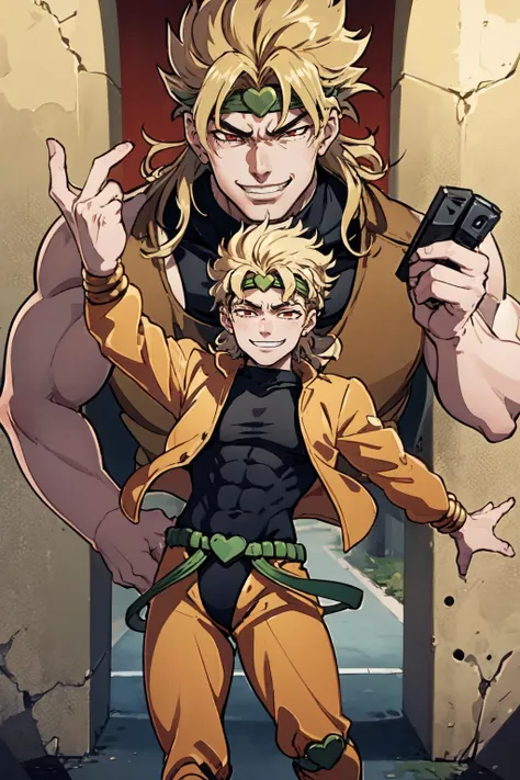Highly detailed, High Quality, Masterpiece, beautiful, IncrsAnyasHehFaceMeme, grin, <lora:AnyasHehFaceMeme:1>, dio, jacket, pants, headband, <lora:Char_Sigmas_Dio:0.9>